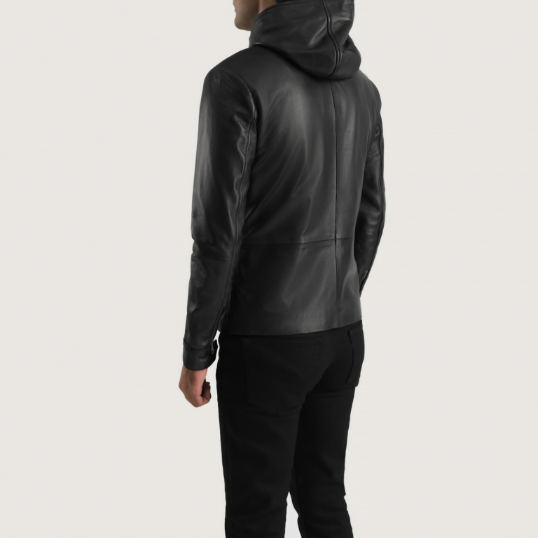 Mens Andy Matte Black Hooded Leather Jacket Tilted Back-8-1700228587314